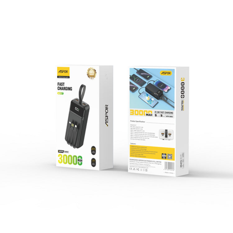 ASPOR A317 22.5W 30000MAH FAST CHARGING POWER BANK WITH 3 CABLES BLACK