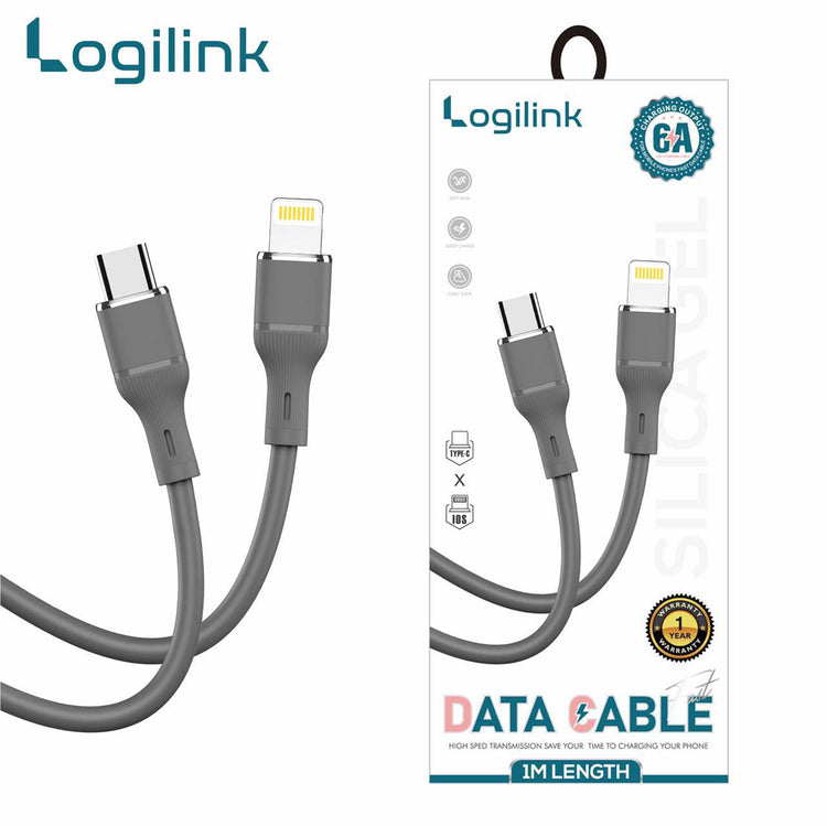 LOGILINK TYPE C TO LIGHTNING SILICONE FAST CHARGING DATA CABLE 1M (1 YEAR WARRANTY) GREY