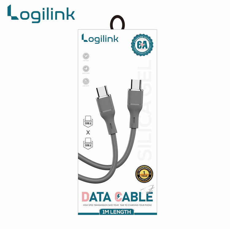LOGILINK TYPE C TO TYPE C SILICONE FAST CHARGING DATA CABLE 1M (1 YEAR WARRANTY) GREY