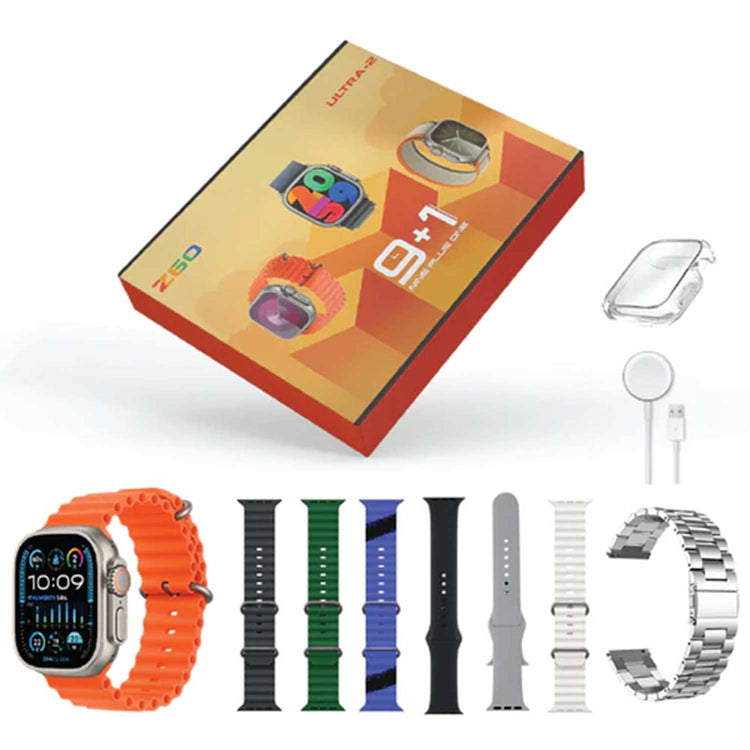 9+1 Z60 ULTRA-2 BIG IPS DISPLAY 49MM 8 STRAP+SCREEN PROTECTOR BT CALLING SMARTWATCH ALWAYS ON DISPLAY WITH FITPRO APP SILVER