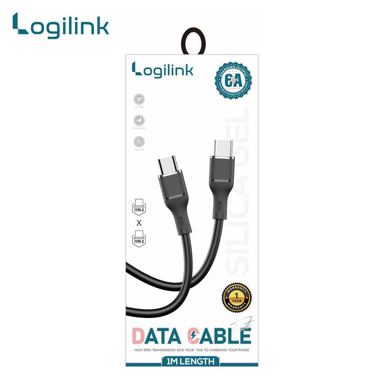 LOGILINK TYPE C TO TYPE C SILICONE FAST CHARGING DATA CABLE 1M (1 YEAR WARRANTY) BLACK