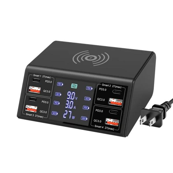 100W 8-PORT CHARGING STATION FOR MULTIPLE DEVICES WITH 4 USB QC 3.0+4 TYPE-C PD PORTS WIRELESS MULTI FAST CHARGING HUB