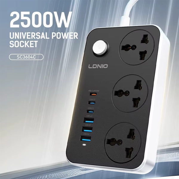 LDNIO SC3604C 2500W POWER EXTENSION 3 SOCKET 3 USB-A + 3 USB-C 2M
