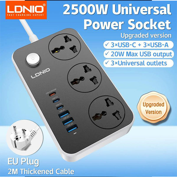 LDNIO SC3604C 2500W POWER EXTENSION 3 SOCKET 3 USB-A + 3 USB-C 2M