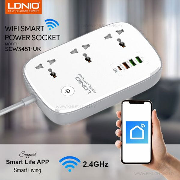 LDNIO SCW3451 2500W WiFi Smart Power Extension 3 Sockets 1 USB-C + 3 USB-A