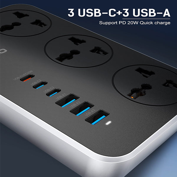 LDNIO SC3604C 2500W POWER EXTENSION 3 SOCKET 3 USB-A + 3 USB-C 2M