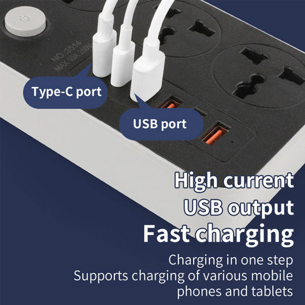603PU Speed-X POWER UNIVERSAL TRAVEL 3SOCKET+3USB+2Type-C CABEL LENGTH 2M
