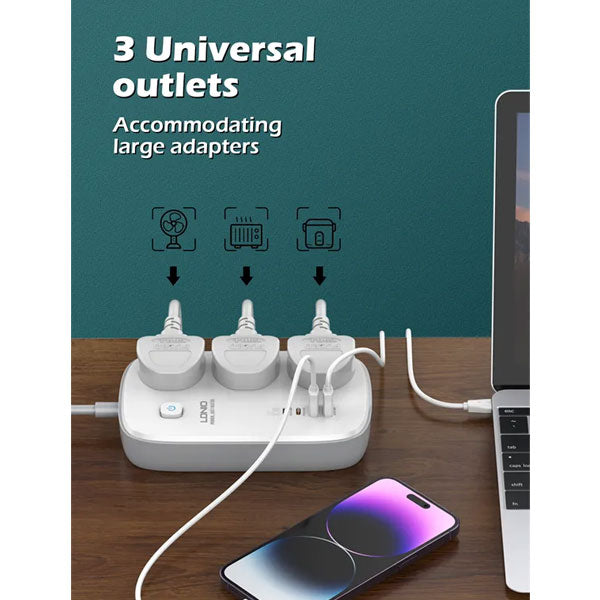 LDNIO SC3416 65W GAN FAST CHARGING 3250W POWER EXTENSION 3 SOCKETS 2 USB-C + 2 USB-A