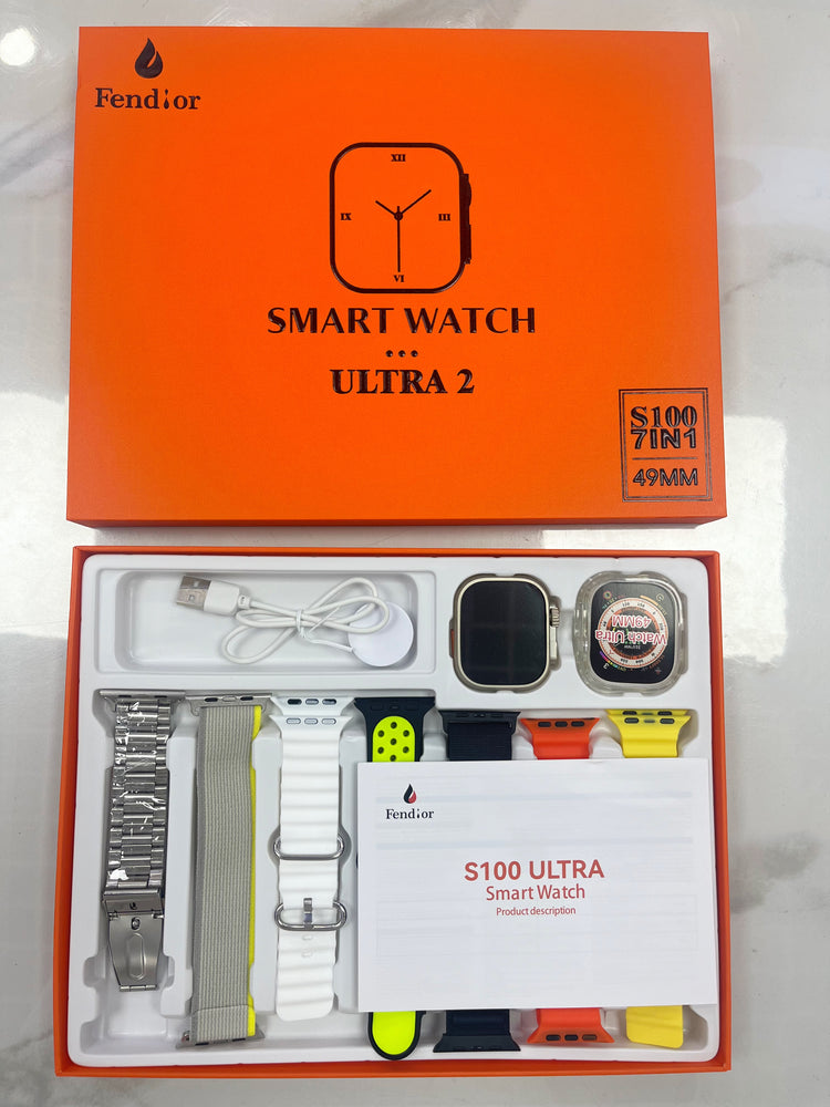 S100 FENDIOR SMART WATCH ULTRA 2 With 7 Straps 49MM WITH SILICON WATCH PROTECTOR CASE WITH Fitpro app SILVER