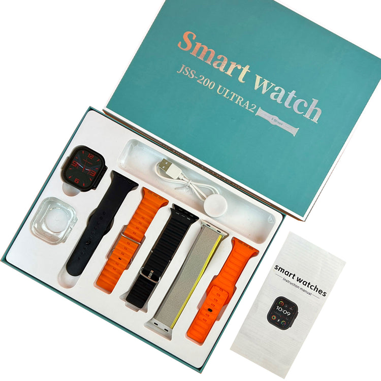 JSS-200 ULTRA2 5 STRAPS + 1 SILICONE CASE2.0 INCH BT CALL SMART WATCH WITH MAGNETIC CHARGER HRYFINE APP GOLD