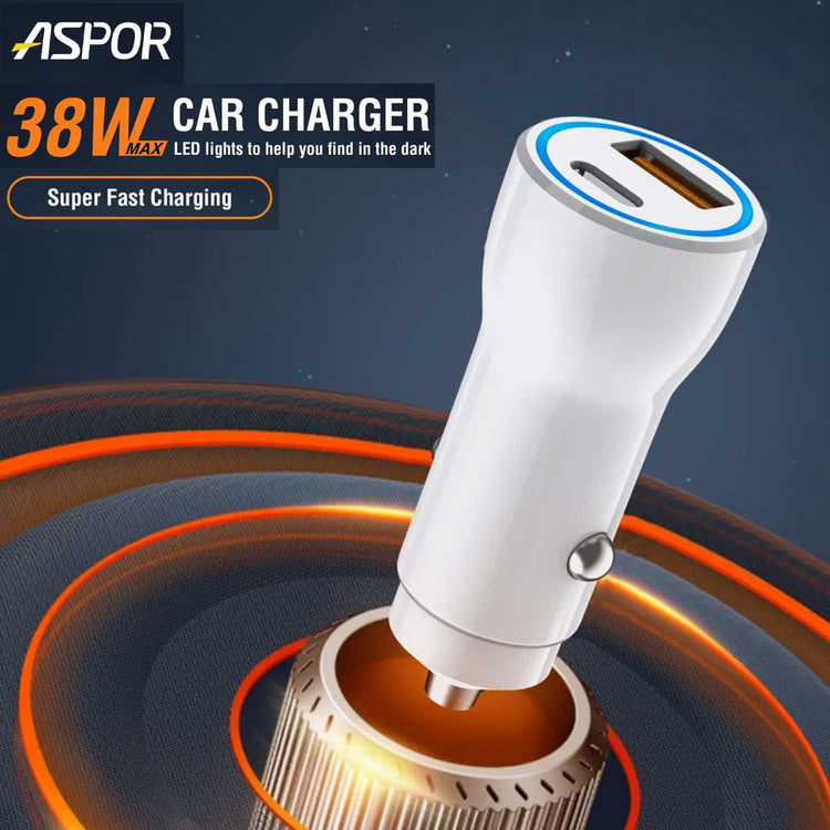 ASPOR A910 FAST CAR CHARGER QC 3.0 DUAL ALUMINUM METAL 38W PD PORTABLE