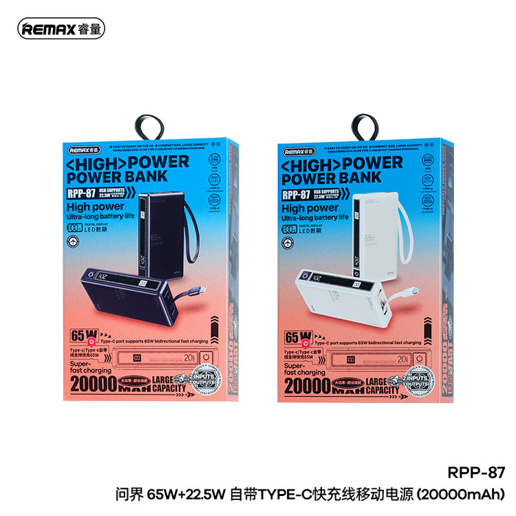 REMAX RPP-87 WINGLE SERIES 65W+22.5W LAPTOP AND MOBLIE FAST CHARGING POWER BANK 20000 MAH BEIGE