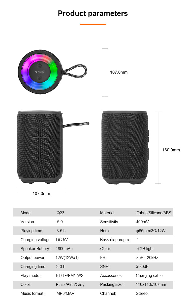 KISONLI Q23 12W BT SUPER BASS WIRELESS BLUETOOTH SPEAKER WITH RGB LIGHT