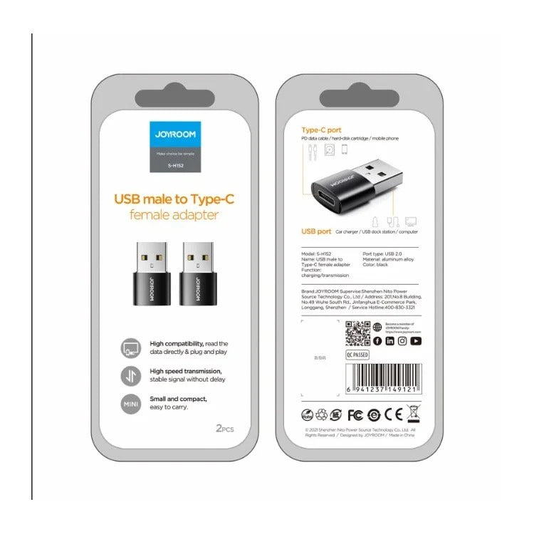 JOYROOM S-H152 USB MALE TO TYPE-C FEMALE ADAPTER 2PCS BLACK
