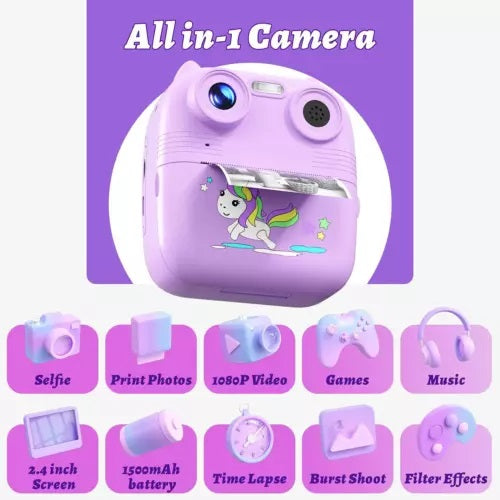 D8S CHILDRENS TIME FRONT/BACK REAR HD DIGITAL THERMAL PRINT CAMERA 1080P 48MP PURPLE