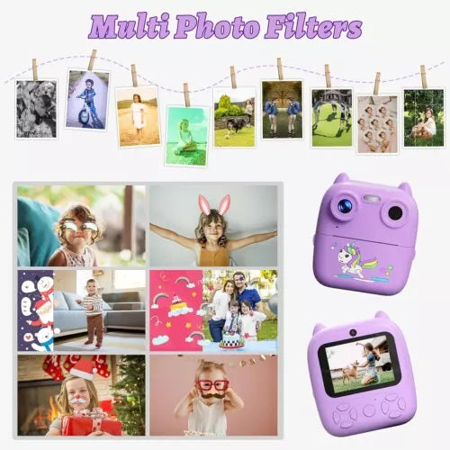 D8S CHILDRENS TIME FRONT/BACK REAR HD DIGITAL THERMAL PRINT CAMERA 1080P 48MP PURPLE