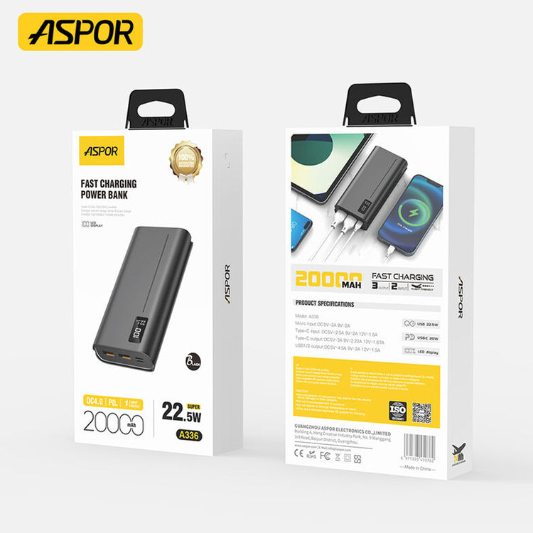 ASPOR A336 POWER BANK 20000MAH 22.5W HIGH CAPACITY WITH LED DISPLAY FAST CHARGING