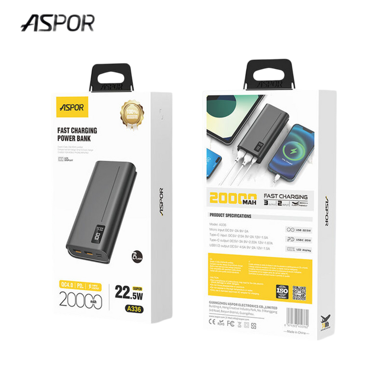 ASPOR A336 POWER BANK 20000MAH 22.5W HIGH CAPACITY WITH LED DISPLAY FAST CHARGING