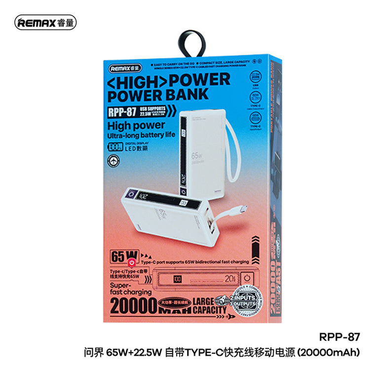 REMAX RPP-87 WINGLE SERIES 65W+22.5W LAPTOP AND MOBLIE FAST CHARGING POWER BANK 20000 MAH BEIGE